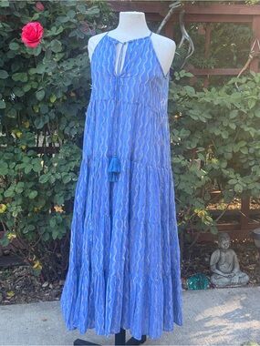 Oliphant Cotton Blue Tiered Halter Maxi Dress with Tassel Tie